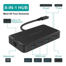 dodocool 8-in-1 Multifunction USB-C Hub with Type-C Power Delivery 4K Video HD Output Port Gigabit Ethernet Adapter SD/TF Card Reader and 3 SupurSpeed USB 3.0 Ports for MacBook/MacBook Pro/Google Chromebook Pixel and More Black