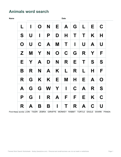 Preview of the first page of Animals word search