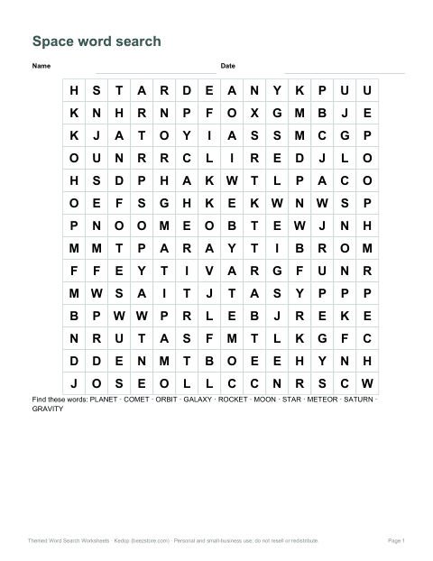 Preview of the first page of Space word search