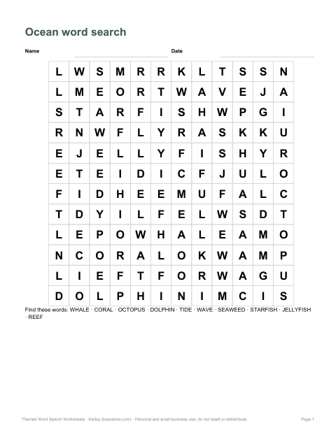 Preview of the first page of Ocean word search