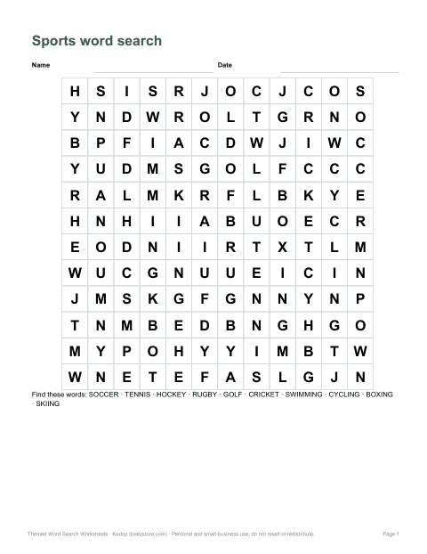 Preview of the first page of Sports word search