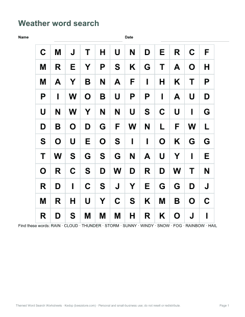 Preview of the first page of Weather word search